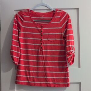 Sonoma Bright Coral and Gray Striped 3/4 Sleeve Top